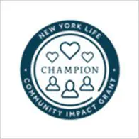 A blue circle with the words " new york life community impact grant champion ".