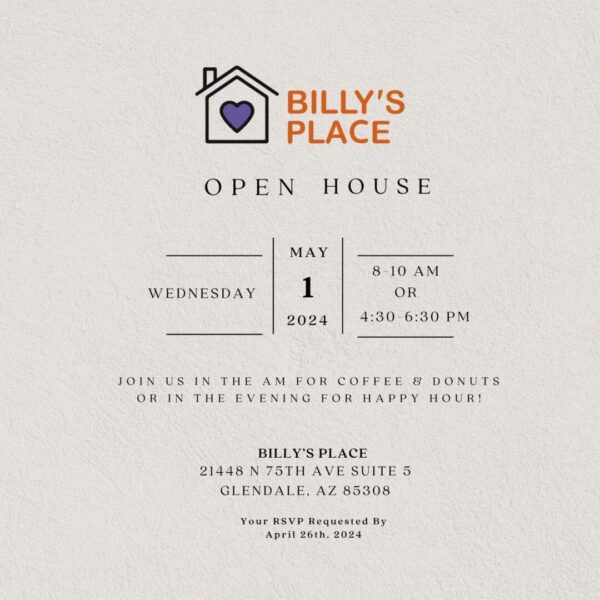 Invitation for billy's place open house on may 1, 2024, with event times and rsvp information, designed with elegant typography on a textured background.