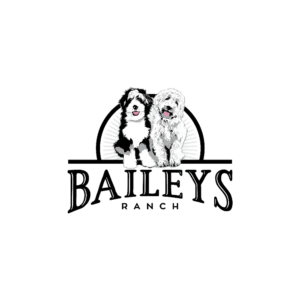 Two illustrated dogs, one black and white and the other gray and white, sitting next to each other above the word "bailey's" on a black background.