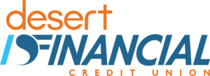 Logo of desert financial credit union featuring the name in orange and teal text with a vertical blue line separating "desert" and "financial.