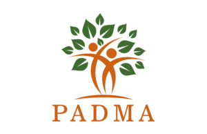 Logo for padma featuring two stylized human figures and a tree,