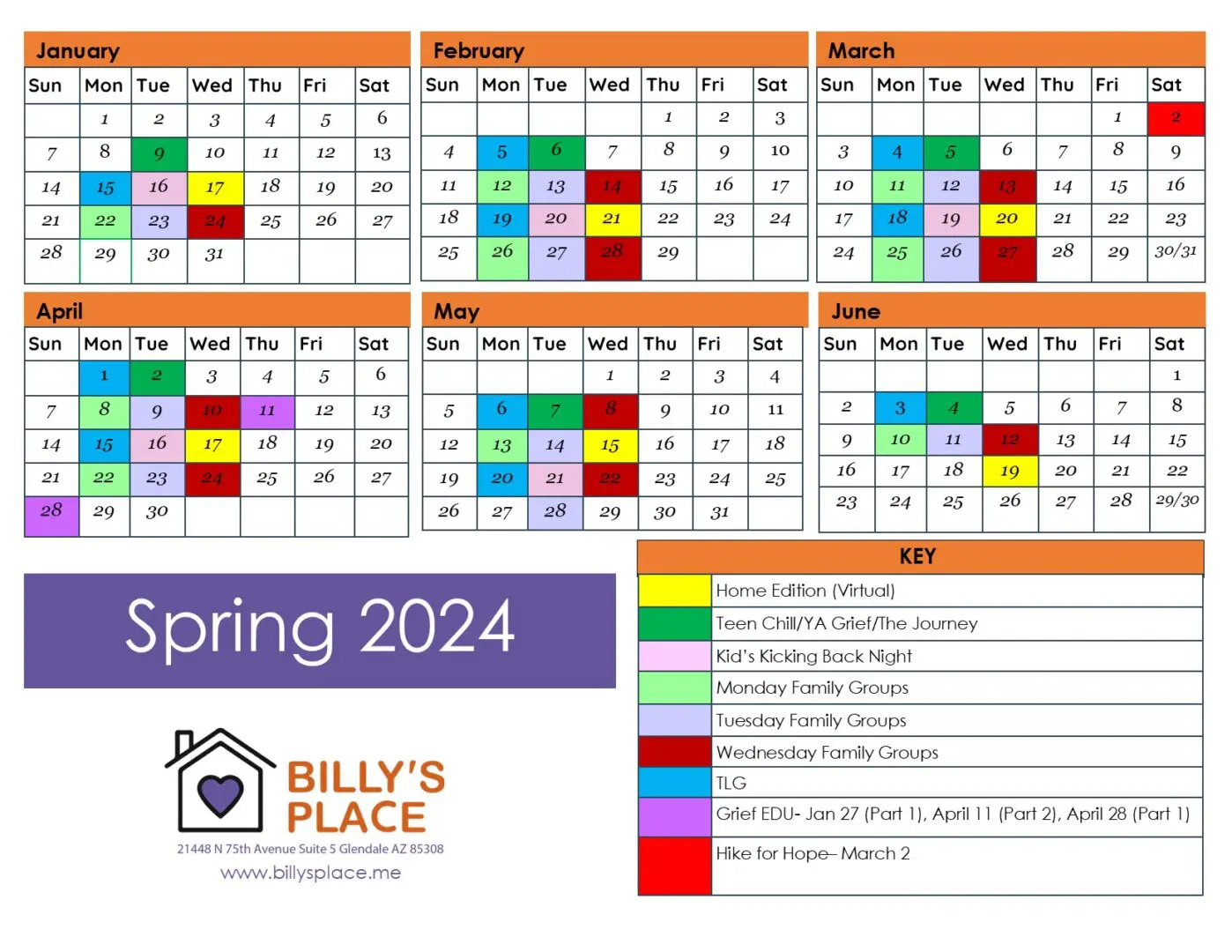 A colorful 2024 calendar labeled "spring 2024" with weekly events marked in various colors and a key at the bottom explaining the color coding, situated above a logo for "billy's palace.