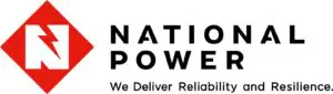 Logo of national power, featuring a red hexagon with a white lightning bolt, accompanied by the slogan "we deliver reliability and resilience.