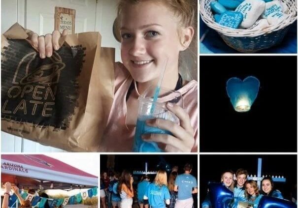 Collage of six images featuring a girl with a drink, branded cookies, a glowing pendant, and scenes from a social event with attendees in blue shirts.
